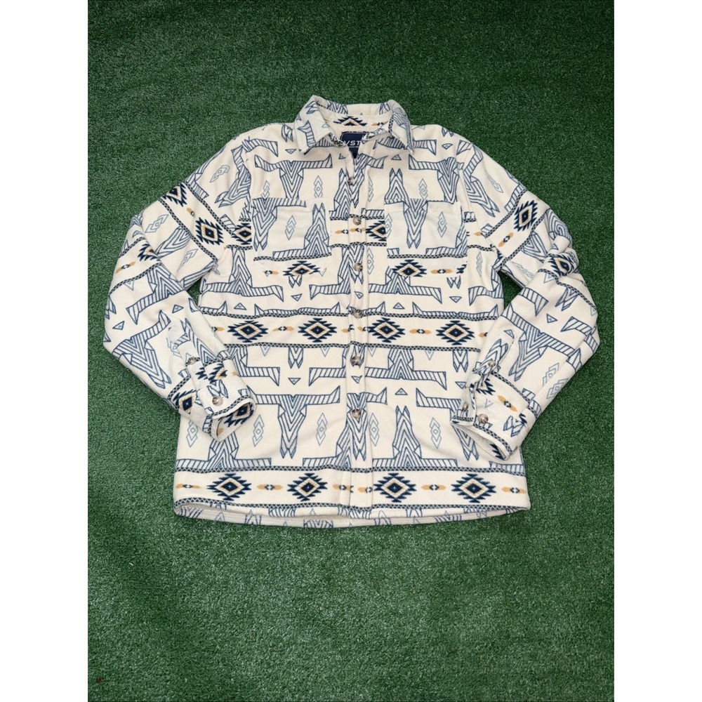 VSTR Aztec Shirt Jacket Mens Small‎ White Blue Button Fleece Lined Long Sleeve